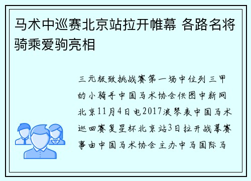 马术中巡赛北京站拉开帷幕 各路名将骑乘爱驹亮相
