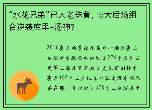 “水花兄弟”已人老珠黄，5大后场组合逆袭库里+汤神？