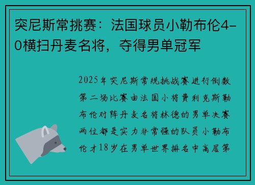 突尼斯常挑赛：法国球员小勒布伦4-0横扫丹麦名将，夺得男单冠军
